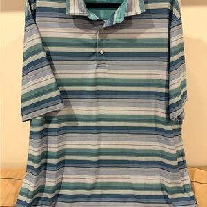 Hickey Freeman Striped Polo in Teal, Light Blue and Navy
